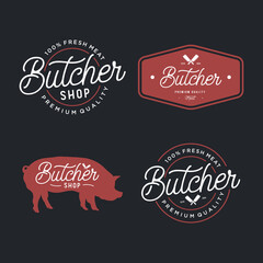 Set of Vintage Butcher Shop lettering logo, label, badge, emblem, sign design template