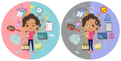 オフィスとプライベートでマルチタスクをこなすスポーツウエアを着たアフリカ系アメリカ人女性のセット