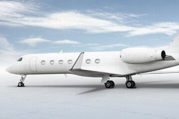 Close-up of the modern white corporate business jet isolated on bright background with sky