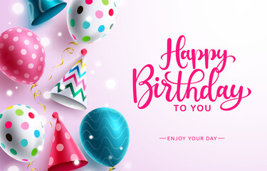 Happy birthday greeting vector design. Happy birthday to you typography text with colorful balloons and party hats pattern element for birth day celebration messages. Vector illustration.
