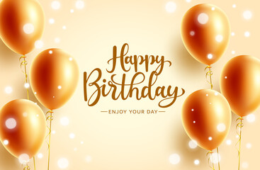 Birthday elegant greeting vector design. Happy birthday text with gold balloon bunch element with bokeh lights for golden birth day celebration decoration. Vector illustration.

