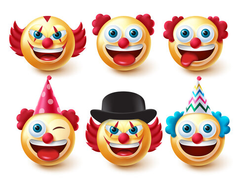 Smileys clown character vector set. Emoji birthday characters in funny and scary faces isolated in white background for party clowns smiley emoticon collection design. Vector illustration.
