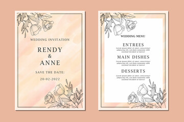 hand drawn floral wedding invitation and menu template. vector design illustration. wedding invitation