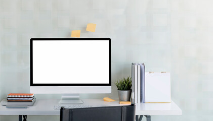 Mockup desktop computer monitor on white top table.