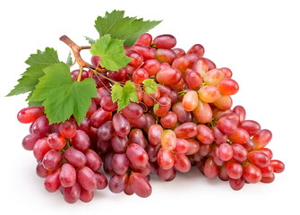 Bunch of fresh red juicy grapes isolated on white, Red grape with leaves isolated on white With clipping path.