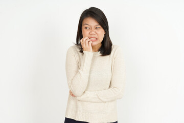 Afraid , nervous and bite nails of Beautiful Asian Woman Isolated On White Background