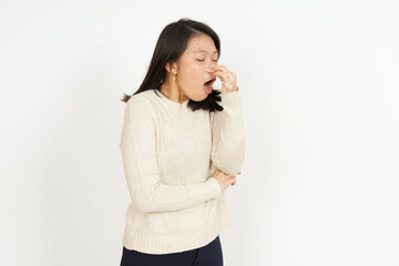 Smelling something stinky and disgusting of Beautiful Asian Woman Isolated On White Background