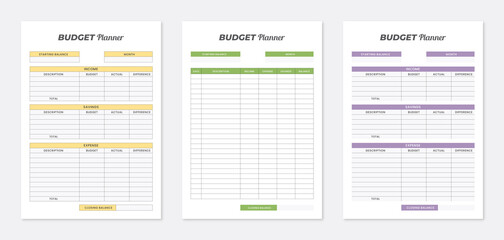 Budget planner template design. Printable budget planner design layout. 3 set of minimalist budget planner templates. minimalist planner templates collection.