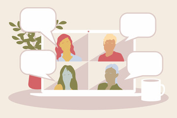 Video call conference or meeting people talking about the news and global events. Stream friends. Chatting from home. Vector flat illustration.