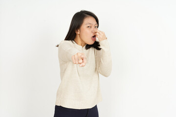 Smelling something stinky and disgusting of Beautiful Asian Woman Isolated On White Background - obrazy, fototapety, plakaty