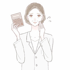 電卓を持つ、困っている中年の女性医師