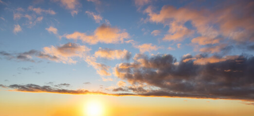 Panoramic View of Cloudscape during a colorful sunset or sunrise. Taken on the West Coast of British Columbia, Canada.
