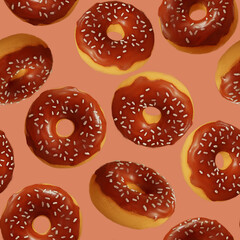 Seamless pattern with yummy donuts. Sweet food background. 3D