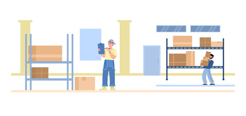 Warehouse worker checking shelves with cargo and client carrying cardboard boxes