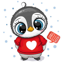 Cartoon Penguin with large eyes in a red scarf