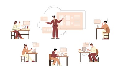 Teacher and students in virtual classroom flat vector illustration isolated.