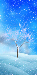 Snow landscape, tree in hoarfrost and blizzard. Festive winter drawing, vertical banner.