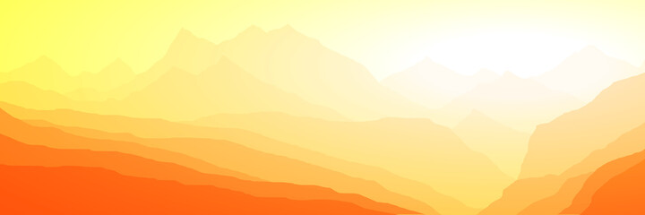 Fototapeta na wymiar Sunrise in the mountains, panoramic view, vector illustration. Fantasy on the theme of the morning landscape. 