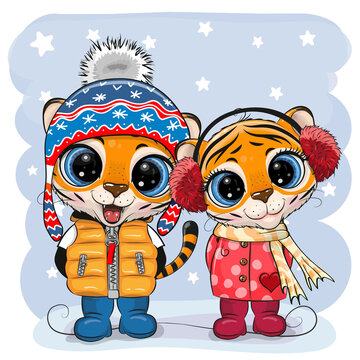 Tigers Boy and Girl in hats and coats