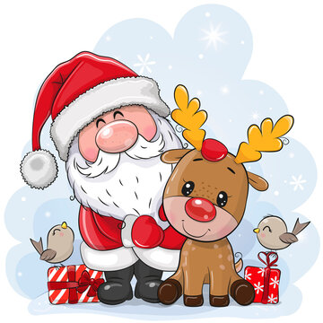Cartoon Santa Claus with deer on a blue background