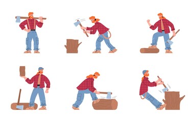 Set of male lumberjack cartoon characters holding axes, chopping wood in flat