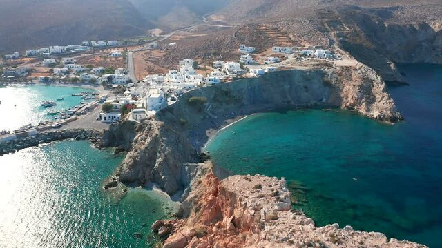 Aerial idyllic views Folegandros Island Natural beaches Surrounded by cliffs and Turquoise water