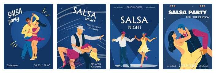 Salsa dance party and night banners or posters bundle flat vector illustration.