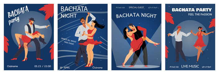 Bachata dance party and night event banners set, flat vector illustration.