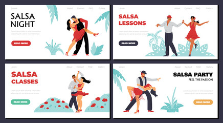 Salsa club events banners collection for web, flat vector illustration.