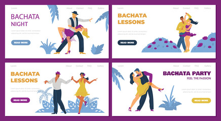 Bachata club lessons and party website banners bundle flat vector illustration.