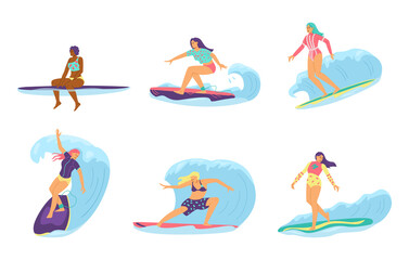 Surfing water sport female characters set, flat vector illustration isolated.