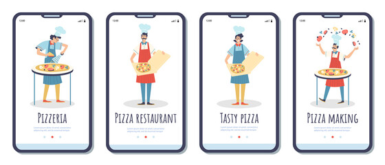 Onboarding mobile app kit for pizzeria restaurant flat vector illustration.