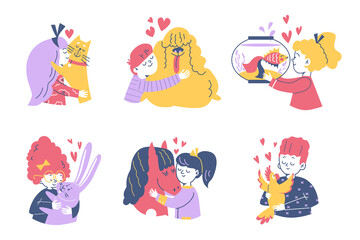 Stickers or badges with children and pets, flat vector illustration isolated.