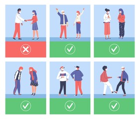 Set of various greeting gestures instead handshaking, flat vector illustration.