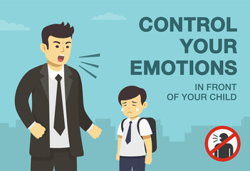 Angry male character yelling at his kid.Control your emotions in front of your child warning design.Crying school child.Flat vector illustration template.