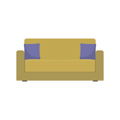 Beige sofa with blue cushions. Isolated on white background. Vector illustration.