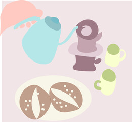 コーヒー　パン　カップ　食事