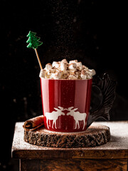 Christmas drink. Cup of hot chocolate with marshmallows. 
