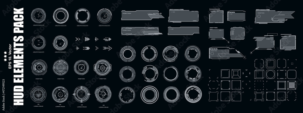 Fototapete Big set HUD technology elements. Circular pointers, targets for game user interface HUD. Personal user-friendly hi-tech gaming interface. Cyber-style gaming windows and frames