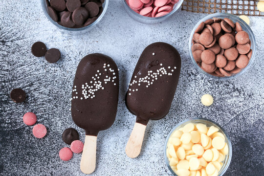 Cake Popsicles. Dark Chocolate Ice Cream Pops. Homemade Cakesicles.