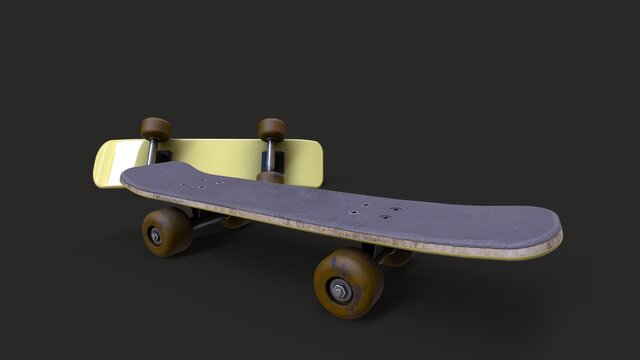 two skateboards isolated on dark grey infinite background 3D rendered image
