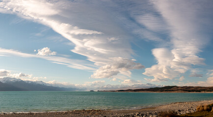 Early evening on lake shore. Lake Tekapo, New Zealand.
