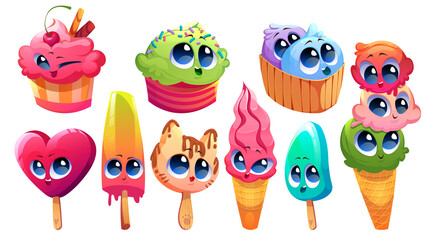 Set of cute ice cream kawaii characters, funny summer food emoticons, popsicle, sundae, gelato, fruit ice, waffle cone, kitten, cherry and heart sweet smiling delicacy for kids, Vector illustration