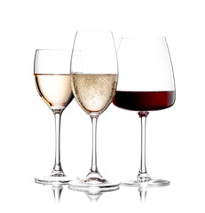 White wine, champagne and red wine glasses