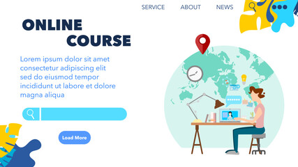 Online course. Vector illustration design for web cover. Woman using laptop to learn. Online course concept. Study from anywhere in the world. Flat design.