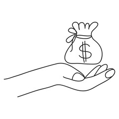 Vector illustration of a hand holds sack of money. Hand drawn