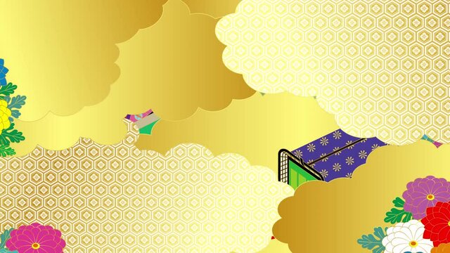 王朝絵巻風の貴族の逢瀬と御所車と花のイラスト動画
