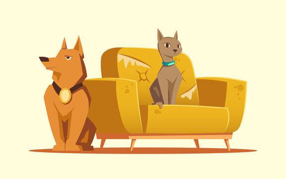 Home pets cat and dog sitting at scratched sofa. Cute kitten and doggy at armchair with damaged upholstery and claws marks. Adoption, love to animals, home mess, isolated cartoon Vector illustration
