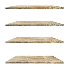 4 old wood shelves table isolated on white background and display montage for product.