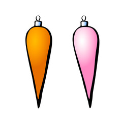 Set of vector colorful bright long hanging toys for xmas tree, flat style. Clipart for Merry Christmas and New Year